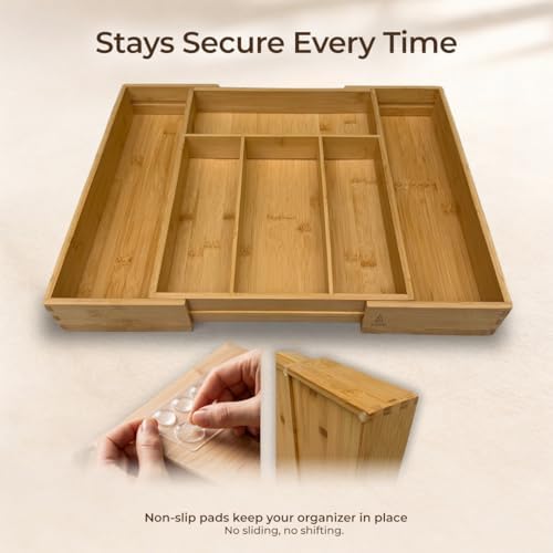 Expandable Bamboo Drawer Organizer for Kitchen Utensils, Adjustable