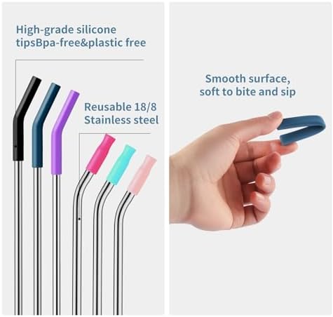 6 Packs Reusable Stainless Steel Straws with Silicone Tips and Travel