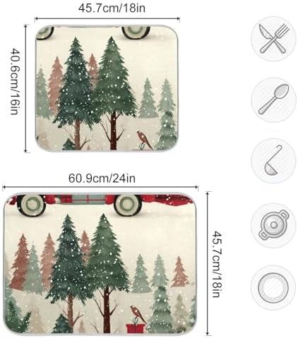 OTVEE Red Truck Xmas Joy Dish Drying Mat for Kitchen Counter Absorbent