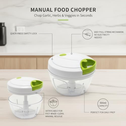 Manual Pull-String Food Chopper with 500ml Bowl, Compact Kitchen