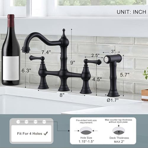 WOWOW Brass Bridge Kitchen Faucet with Side Sprayer, Matte Black