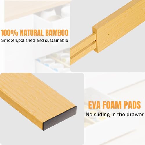 Bamboo Drawer Dividers Organizers, 2.56" High, 17"-21.8" Adjustable