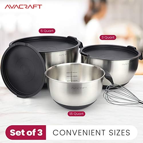 AVACRAFT 18/10 Stainless Steel Mixing Bowl Set with Lids, Black