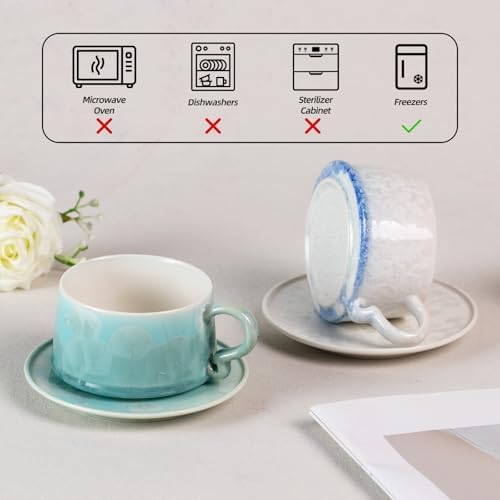 KAMMAK Tea Cups and Saucers Set of 2, 7.5 oz Glaze Coffee Mugs, 726N