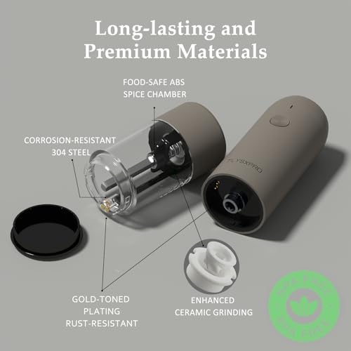 Electric Salt and Pepper Grinder Set, USB Rechargeable, Greige