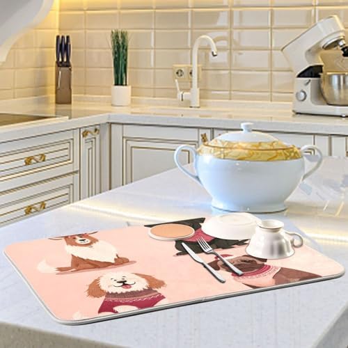 OTVEE Festive Pet Art Dish Drying Mat for Kitchen Counter Absorbent