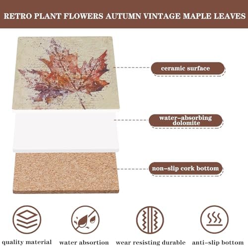 FYSUIMU 4Pcs Fall Leaves Coasters Vintage Autumn Maple Leaf Pumpkin