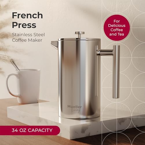 MuellerLiving 34oz Stainless Steel French Press Coffee Maker