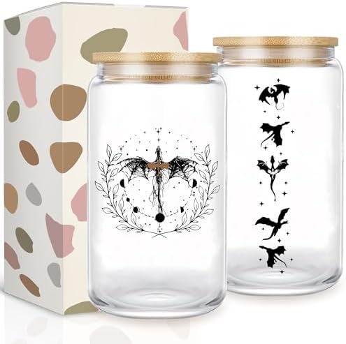 Fantasy Book Lover 16oz Glass Cup with Lid and Straw, Wing Glass