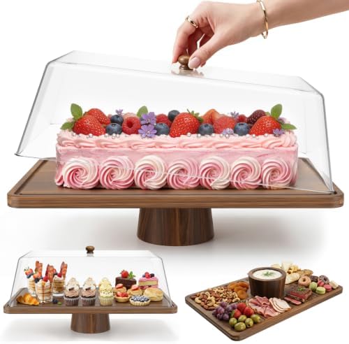 Large 16" Acacia Wood Cake Stand with Square Lid, 2-in-1 Rectangular