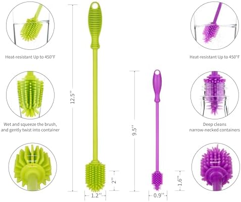 A-Brush Silicone Bottle Cleaner Brush, 2 Piece Set, Flexible, Long
