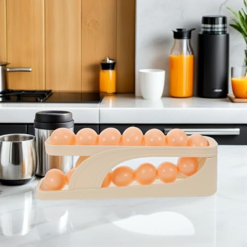 Double-layer Sliding Egg Storage Box for Fridge, Plastic Beige
