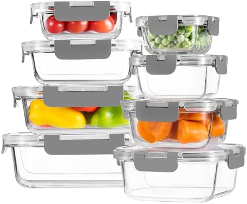 8 Pack Glass Food Storage Containers with Locking Lids
