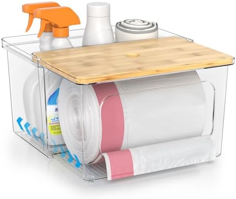 Trash Bag Holder,Garbage Bag Dispenser with Bamboo Lid and Drawer