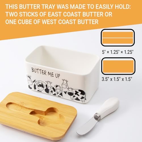 Porcelain Butter Dish with Lid, Natural Bamboo Lid, Seal, Cow Butter