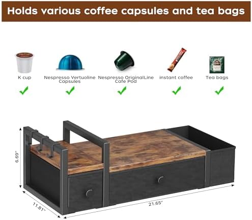 Homeiju Coffee Pod Drawers - K Cup Organizer, Nespresso Pods Holder with Mug Rack, Coffee Holder for Countertop, 52 Capacity Pods, Suitable for Kitchens, Offices and Coffee Bars(Brown)