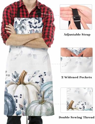 Blue White Pumpkins Fall Kitchen Aprons with Pockets Waterproof, Maple
