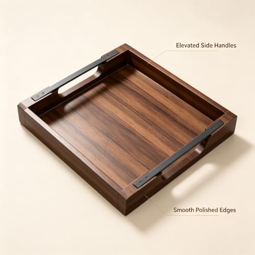 Acacia Wood Serving Tray with Metal Handle, 17X13In Tray for Ottoman