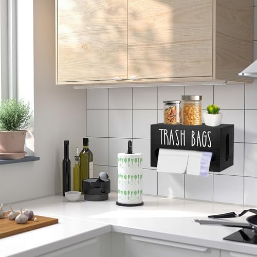 Wooden Trash Bag Dispenser Organizer with Lid for Kitchen,Under Sink