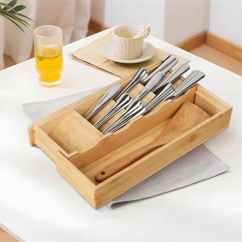 Expandable Bamboo Kitchen Drawer Organizer, Adjustable Silverware
