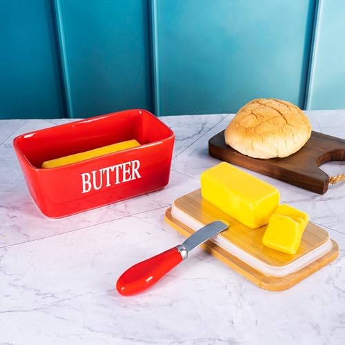 Red Butter Dish with Lid for Countertop, Large Ceramic Covered Butter