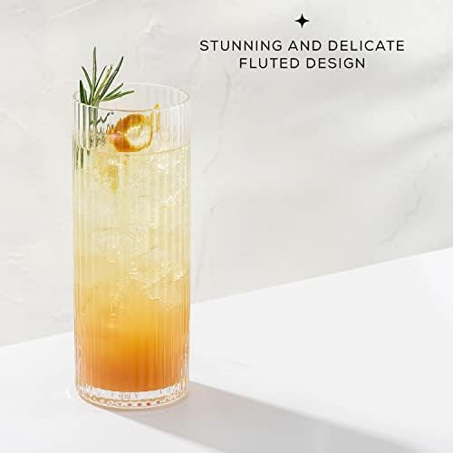 JoyJolt Elle 16oz Fluted Highball Glasses Set of 2, Ribbed Tall