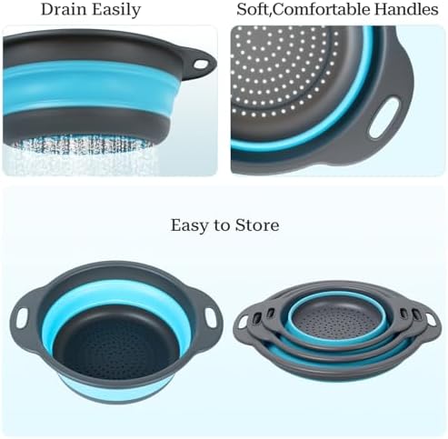 Collapsible Colander 3-Pack Set Space-Saving Foldable Kitchen Strainer