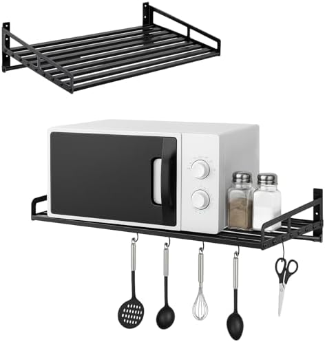 Microwave Wall Shelf, Carbon Steel Rack with Hooks for Kitchen