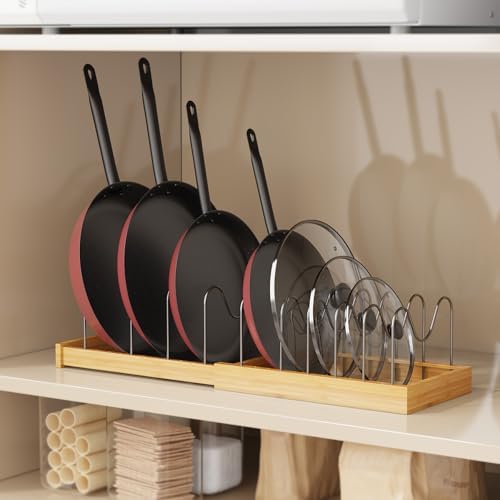 Tomorotec Bamboo Pot Lid Holder with Adjustable Stainless Steel