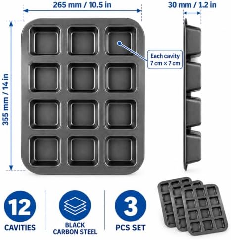 3 Pcs 12-Cavity Brownie Pan with Dividers, Black, 14" × 10.5" × 1.2"