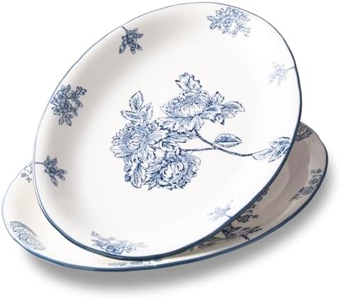 Ceramic Serving Platter, Large Oval Dinner Plates, Blue and White, Set