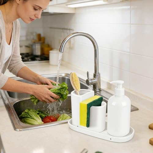 White Ceramic Kitchen Sink Organizer with Sponge Holder