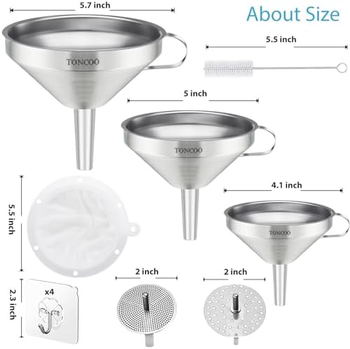 Toncoo 3 Pack Stainless Steel Funnels for Kitchen Use, Food Grade