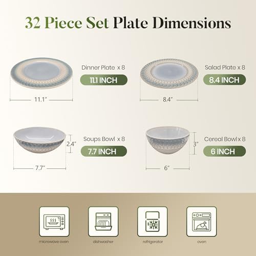 Kitchen Academy 32pcs Stoneware Plates and Bowls Set for 8, Blue