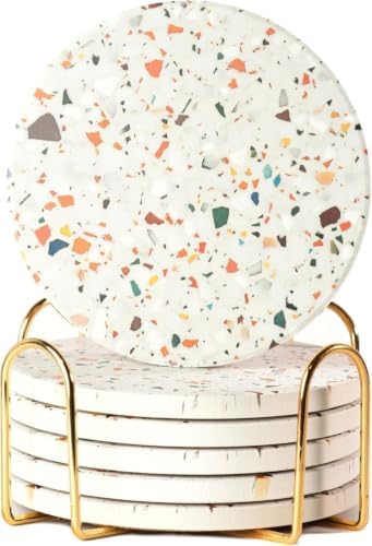 Terrazzo Coasters Set of 6, Colorful Boho Absorbent Ceramic Coasters