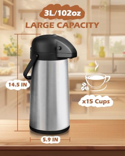 Coffee Carafe for Keeping Hot, 102oz/3L Airpot Coffee Dispenser with