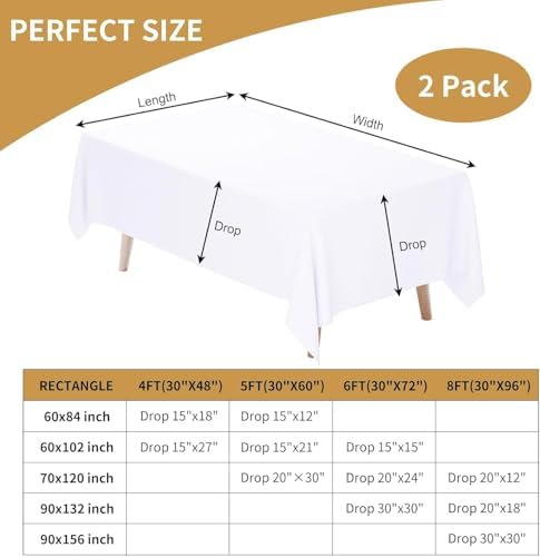 Fixwal 2 Pack 60 x 102 Inch Tablecloths Rectangle White Table Cover