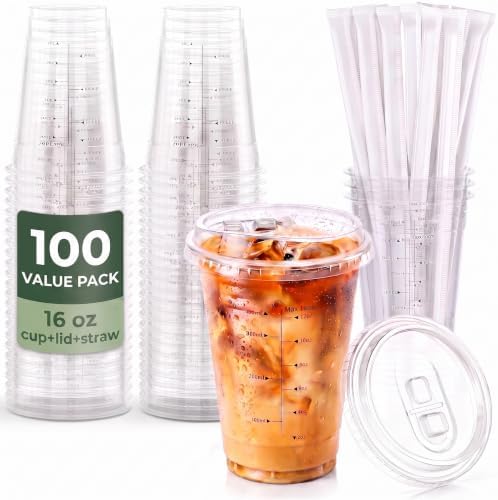 100 Sets 16oz Sturdy Plastic Coffee Cups with Lids and