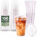 100 Sets 16oz Sturdy Plastic Coffee Cups with Lids and