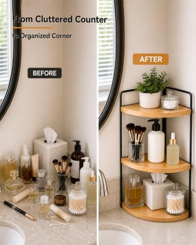 3-Tier Corner Bathroom Countertop Organizer, Solid Pine Wood
