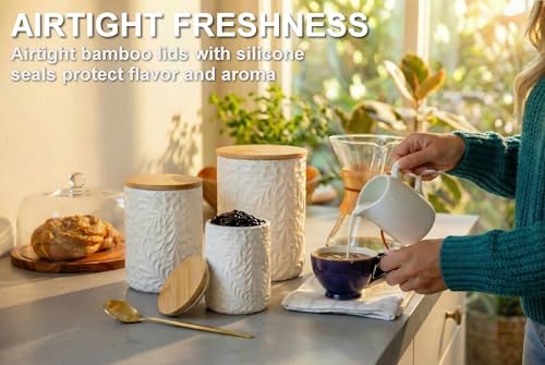 Engraved Ceramic Canisters Set of 3, 74, 36 & 18 Oz, Airtight Bamboo