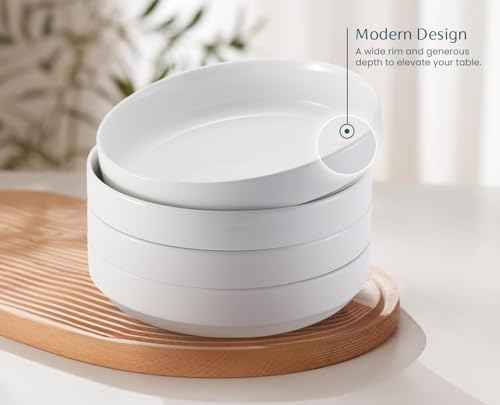KooK Ceramic Pasta Bowls, Wide & Shallow, Set of 4, White
