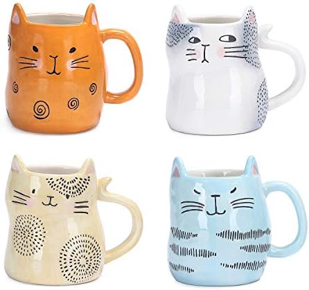 Bico Cat Coffee Mugs Set of 4, Cute Cat Ceramic Mugs with 3D Ears