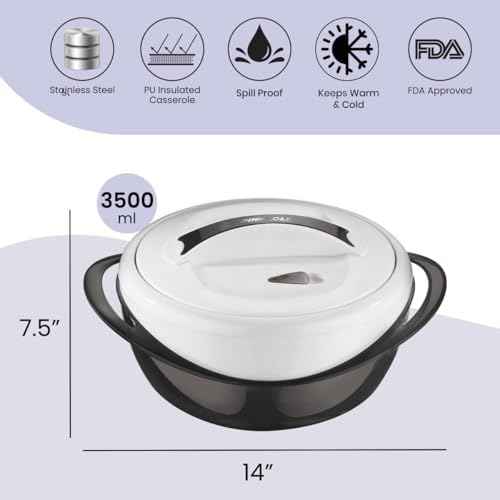 Pinnacle Large Insulated Casserole Dish with Lid 3.6 qt. Elegant Hot Pot Food Warmer/Cooler -Thermal Soup/Salad Serving Bowl Stainless Steel Hot Food Container–Best Gift Set for Moms