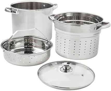 4-Piece Stainless Steel Multi-Cooker Set, 8 qt, with Glass Lid, Stock Pot, Colander, and Steamer Basket