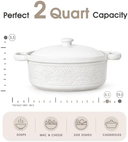 FE Casserole Dish with Lid, 2 Quart Ceramic Baking Dish, Bright White