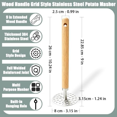 Potato Masher, 9in Wood Handle Stainless Steel Grid Masher Tool
