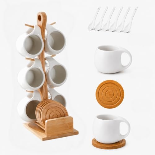 Coffee Mug Set of 6 with Bamboo Rack, White Ceramic Coffee Cups with