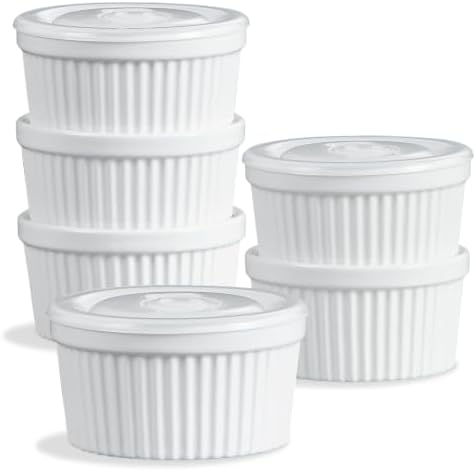ONEMORE 8 oz Ramekins with Lids, Set of 6 Stackable Ceramic Creme