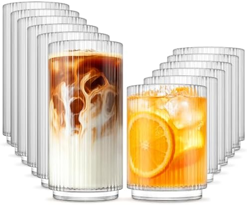 INSETLAN Ribbed Drinking Glasses Set of 12 – 6 Highball Glasses 12oz